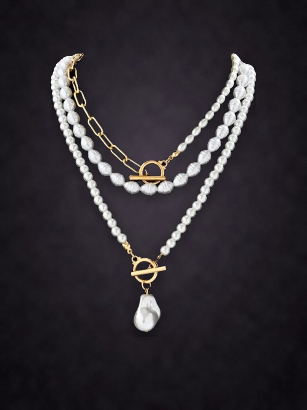 Set of 3 Layered Faux Pearl Necklaces with Gold Tone Toggle Clasp NWT